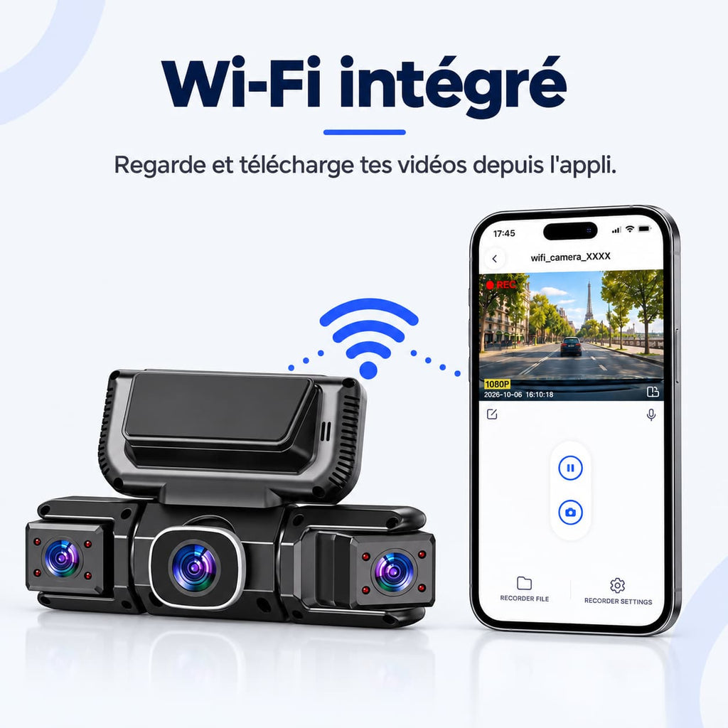 Dashcam voiture 4 caméras WiFi – avant, arrière et côtés, écran 3,16"