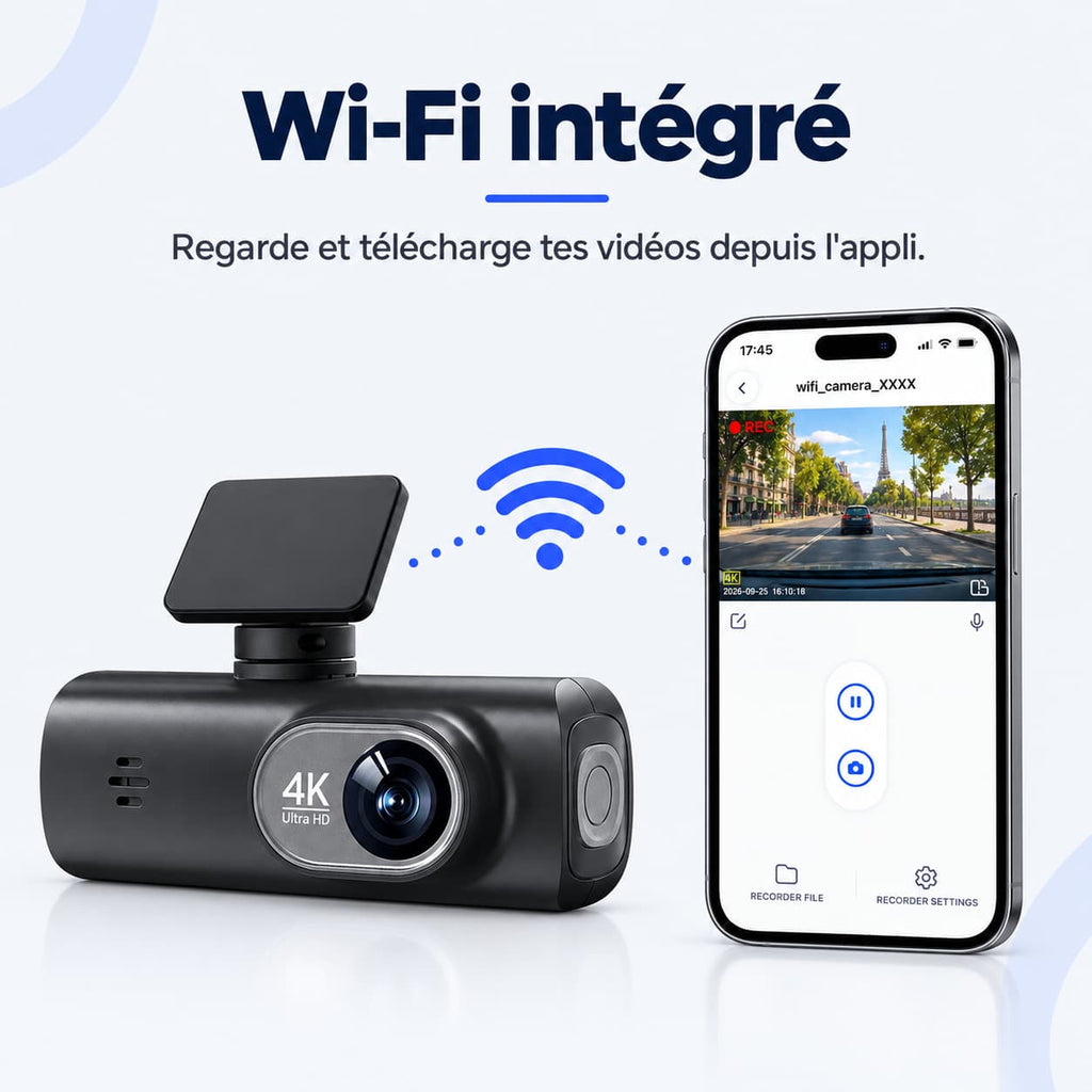 Dashcam voiture 4K avant + arrière 1080p GPS WiFi – carte 32 Go incluse