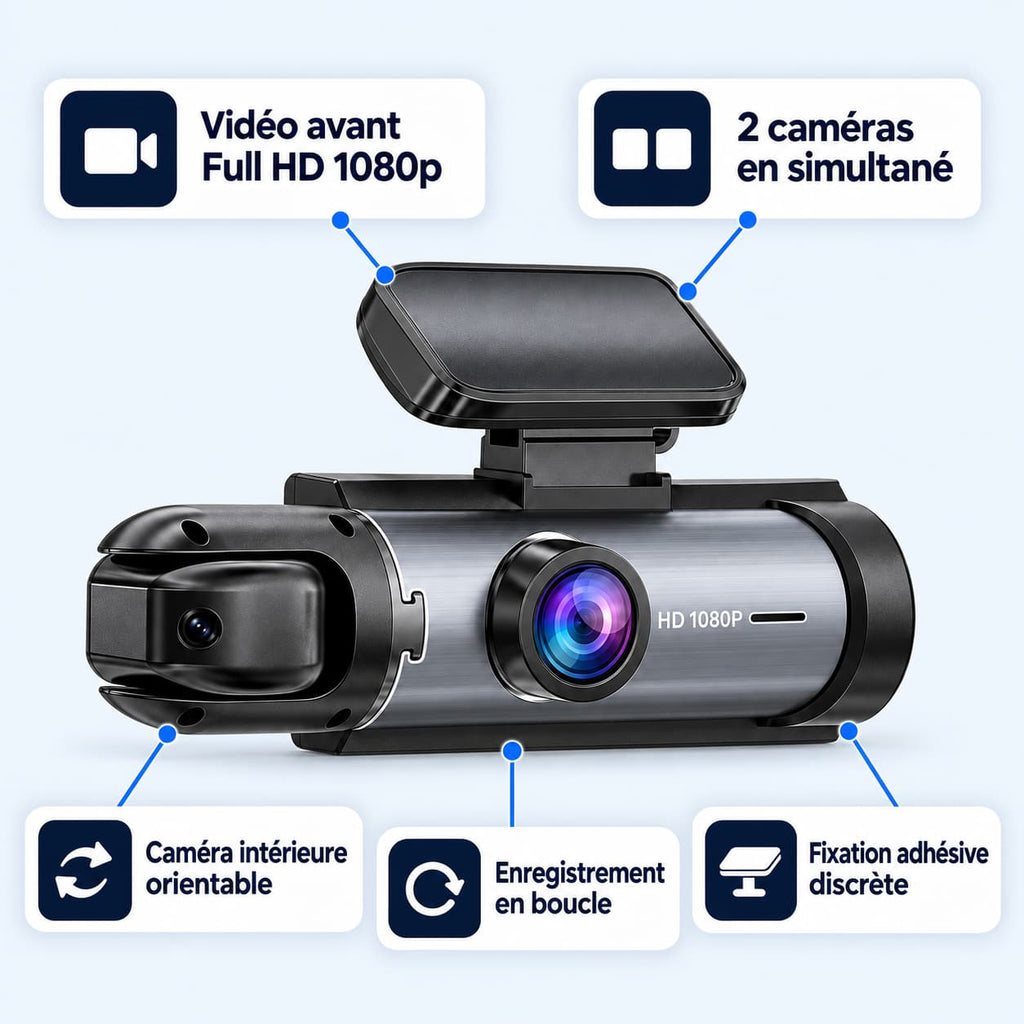 Dashcam voiture avant + habitacle Full HD WiFi – caméra intérieure VTC