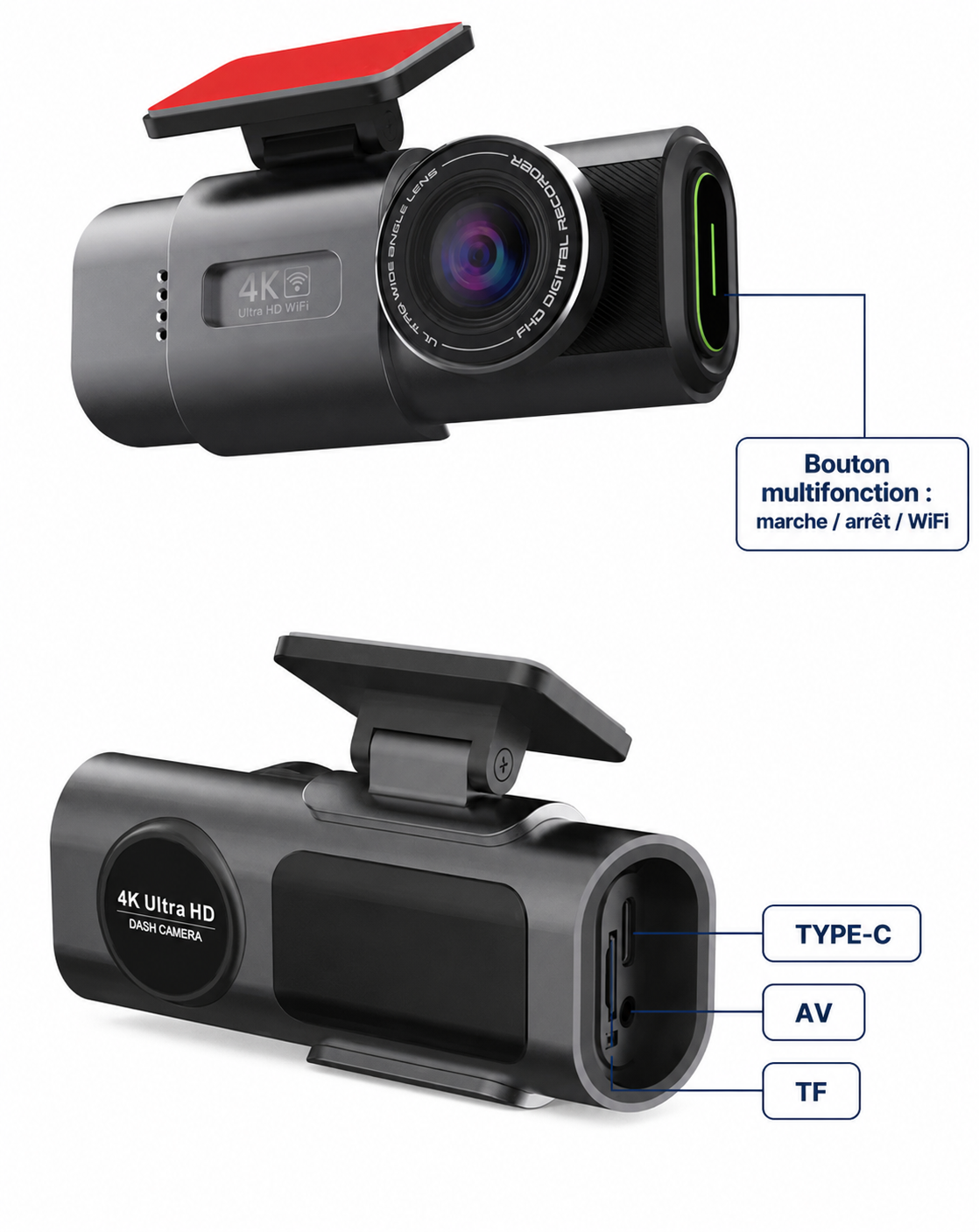Dashcarcam 4K — Caméra embarquée Avant/Arrière Wifi