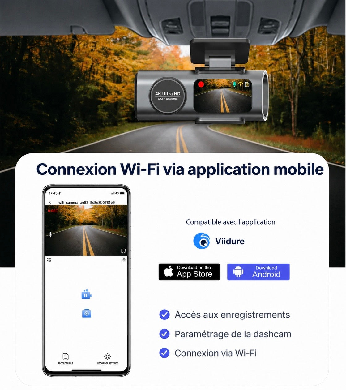 Dashcarcam 4K — Caméra embarquée Avant/Arrière Wifi