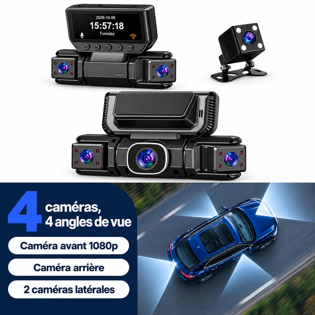 Dashcam voiture 4 caméras WiFi – avant, arrière et côtés, écran 3,16"
