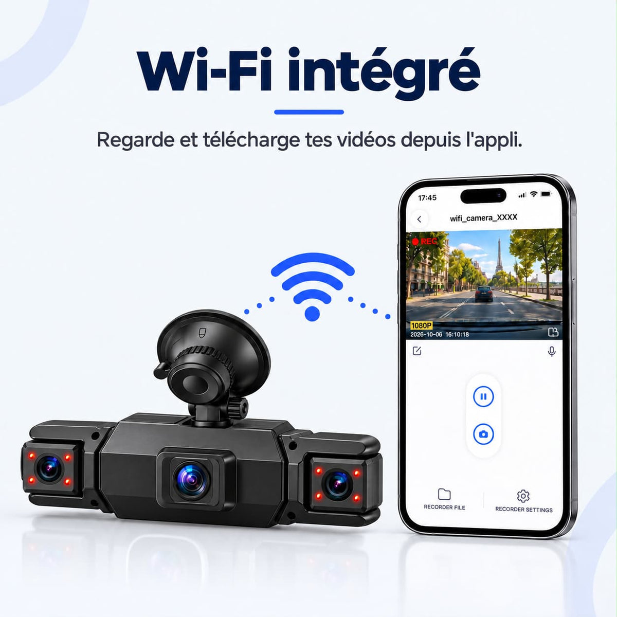 Dashcam voiture 4 caméras Full HD WiFi – avant, côtés et arrière