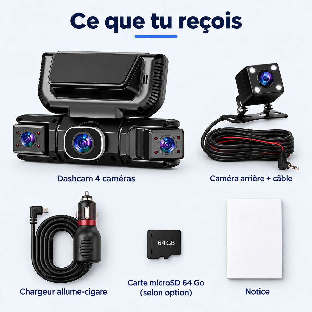 Dashcam voiture 4 caméras WiFi – avant, arrière et côtés, écran 3,16"