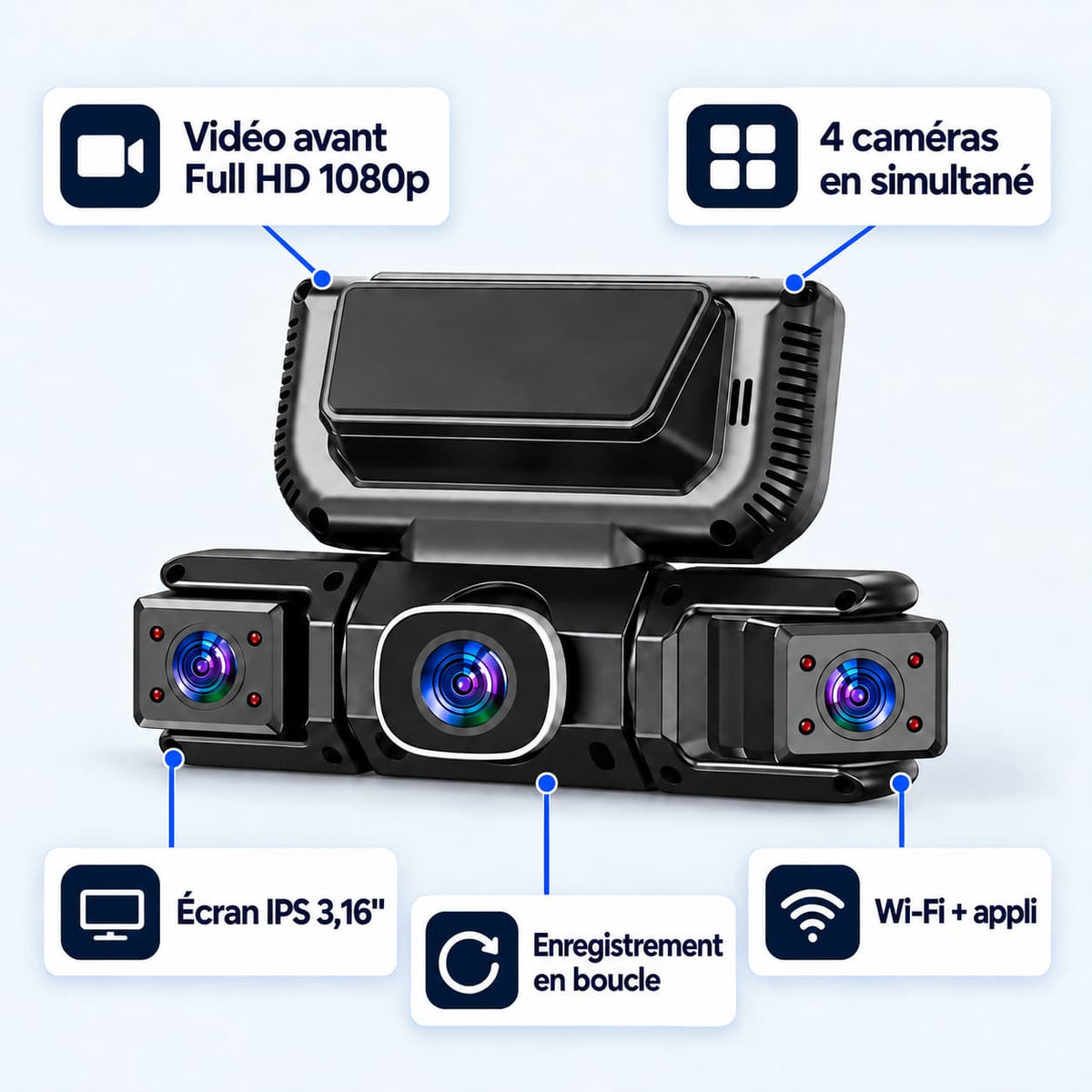Dashcam voiture 4 caméras WiFi – avant, arrière et côtés, écran 3,16"
