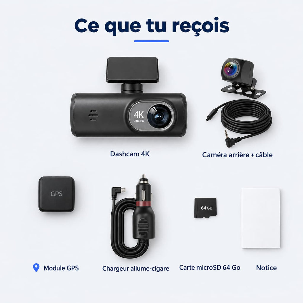 Dashcam voiture 4K avant + arrière 1080p GPS WiFi – carte 32 Go incluse