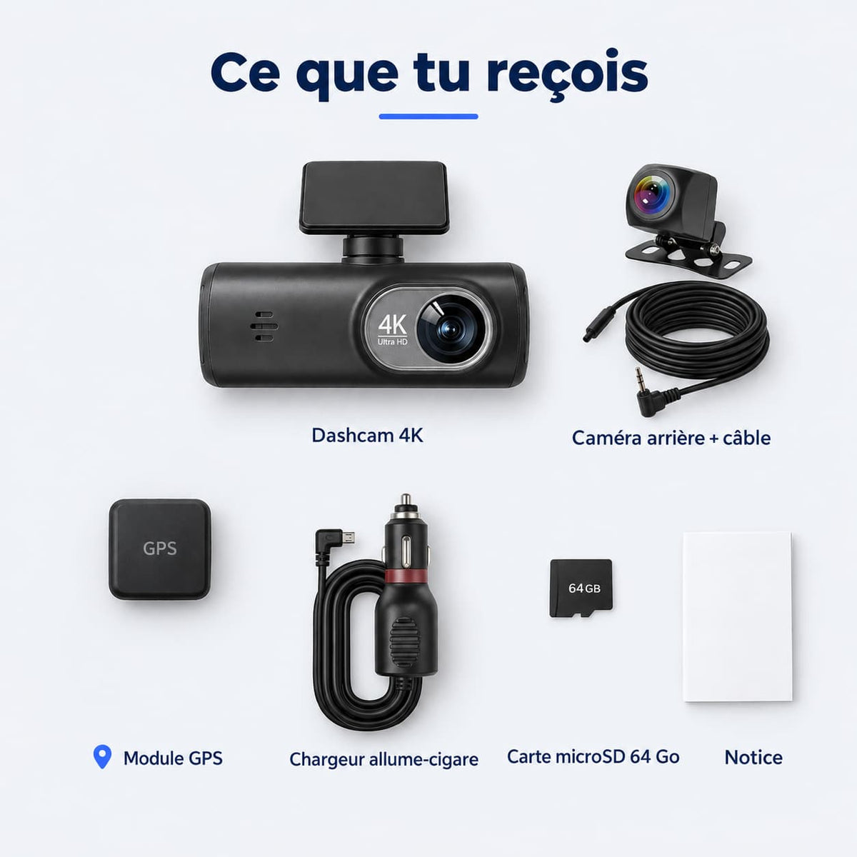 Dashcam voiture 4K avant + arrière 1080p GPS WiFi – carte 32 Go incluse