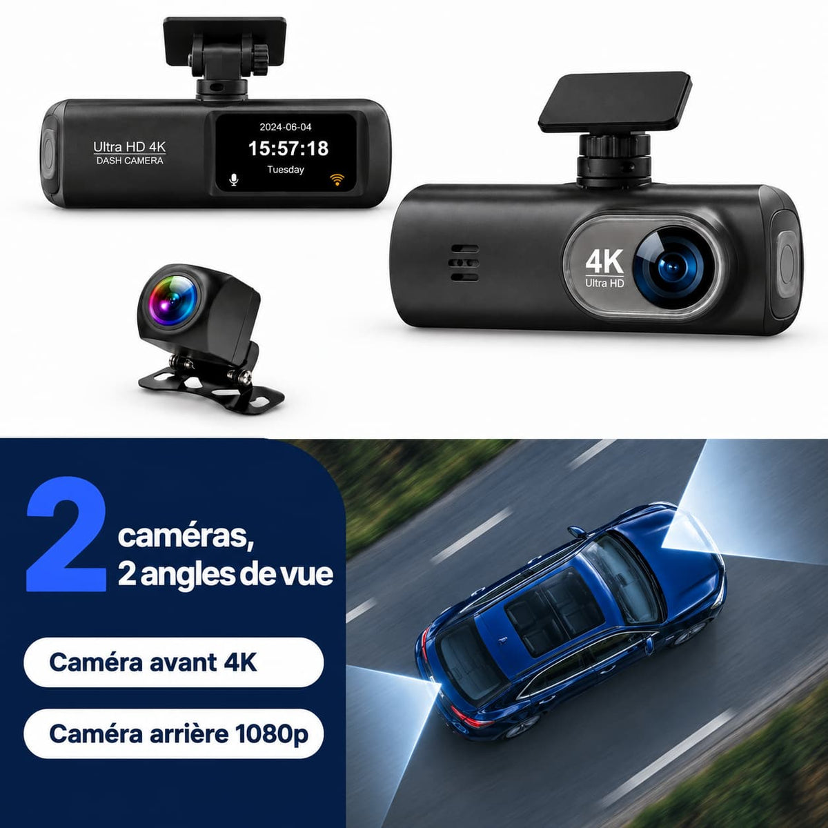 Dashcam voiture 4K avant + arrière 1080p GPS WiFi – carte 32 Go incluse
