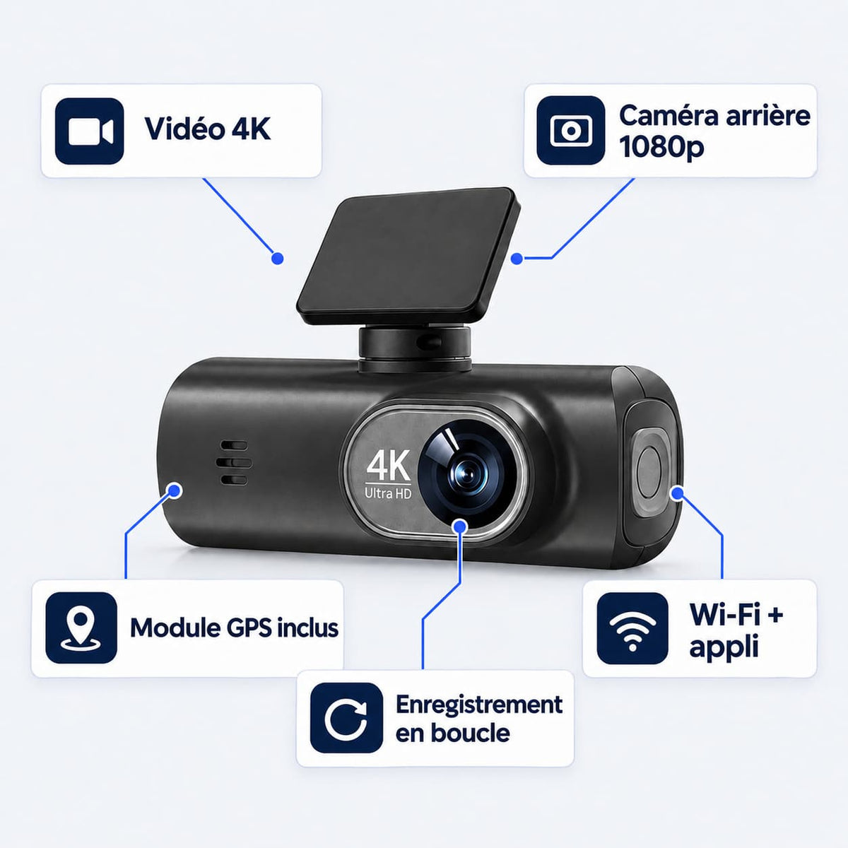 Dashcam voiture 4K avant + arrière 1080p GPS WiFi – carte 32 Go incluse