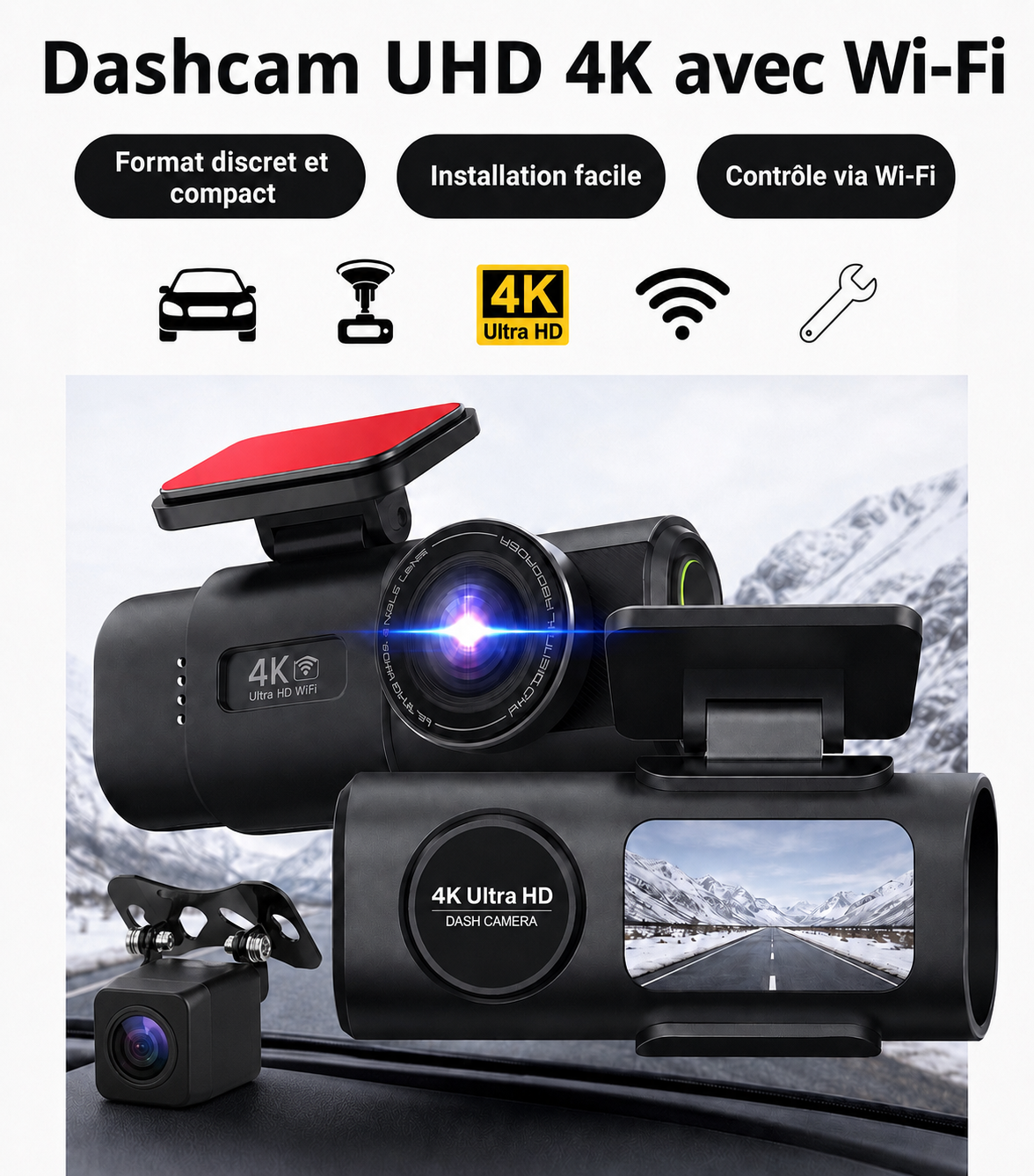 Dashcarcam 4K — Caméra embarquée Avant/Arrière Wifi