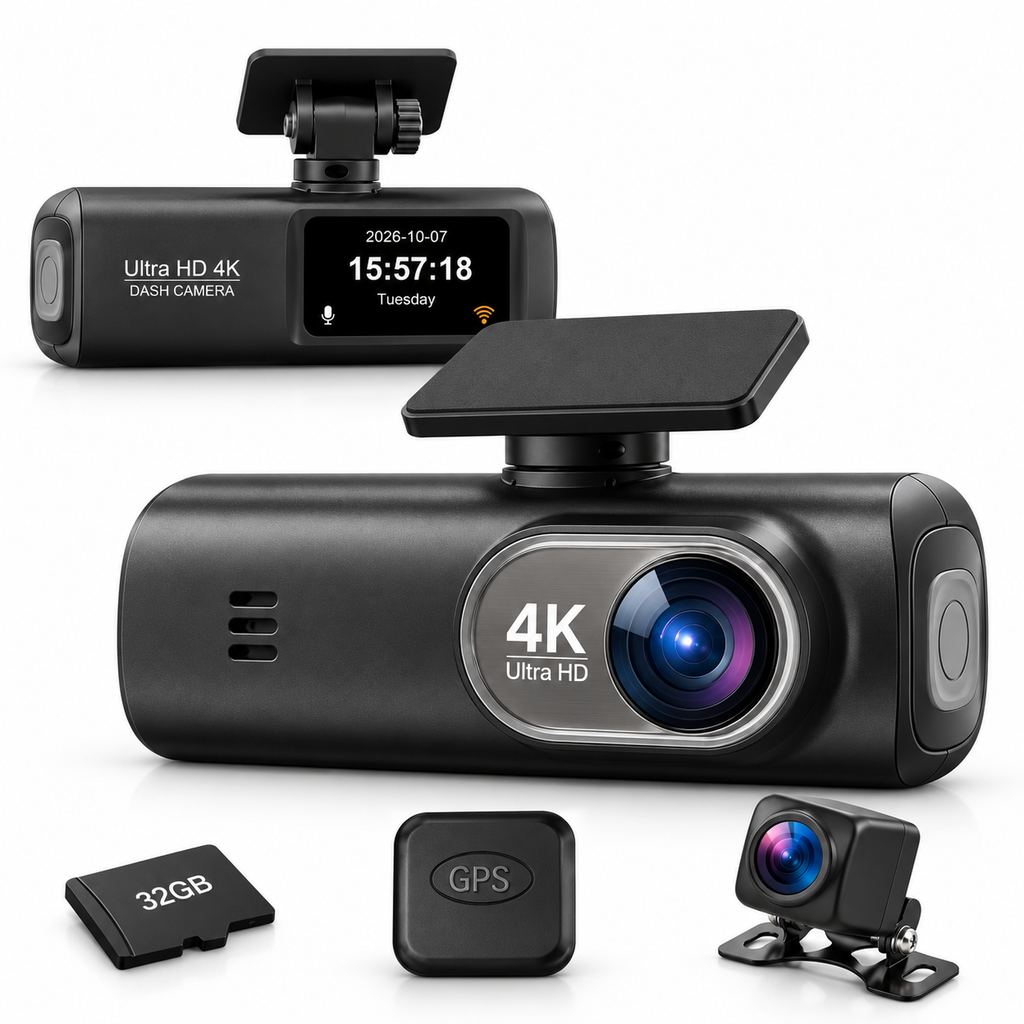 Dashcam voiture 4K avant + arrière 1080p GPS WiFi – carte 32 Go incluse