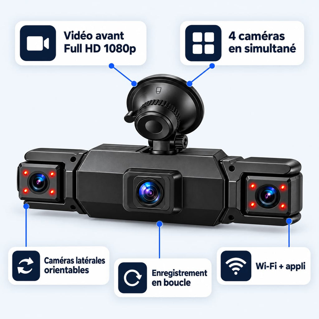 Dashcam voiture 4 caméras Full HD WiFi – avant, côtés et arrière