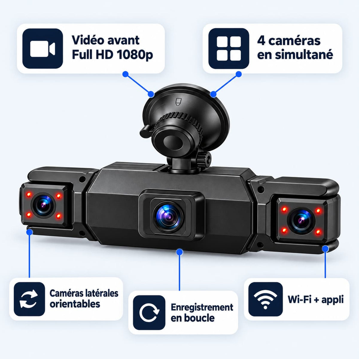 Dashcam voiture 4 caméras Full HD WiFi – avant, côtés et arrière