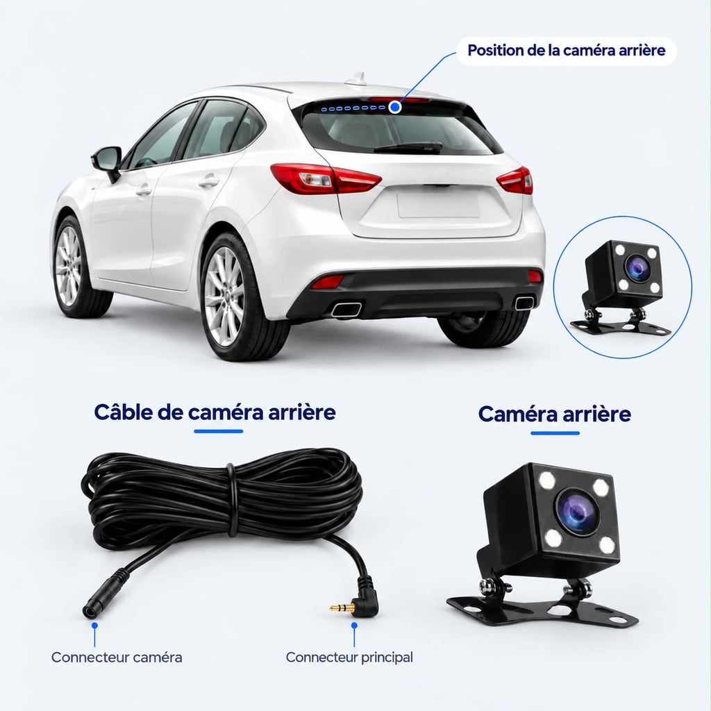 Dashcam voiture 4 caméras WiFi – avant, arrière et côtés, écran 3,16"