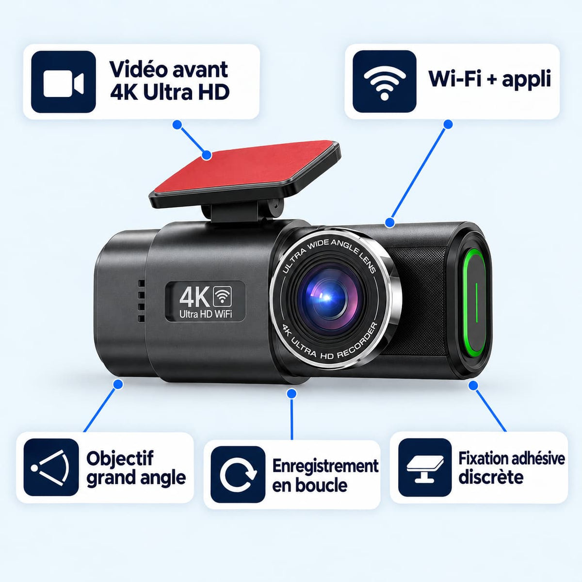 Dashcam voiture 4K avant + arrière 1080p WiFi – caméra embarquée