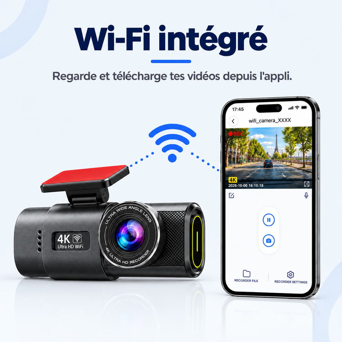 Dashcam voiture 4K avant + arrière 1080p WiFi – caméra embarquée